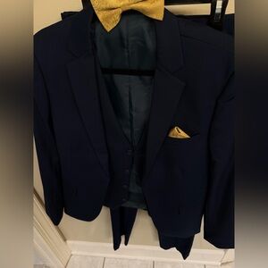 Men's Navy Suit with Blazer Vest & Pants plusGold Pocket Square and Gold Bow Tie